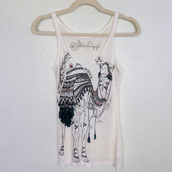 Key Closet Top Womens XS Camel Swarovski Crystal Rhinestone Tank Tee Shirt White - Picture 1 of 10